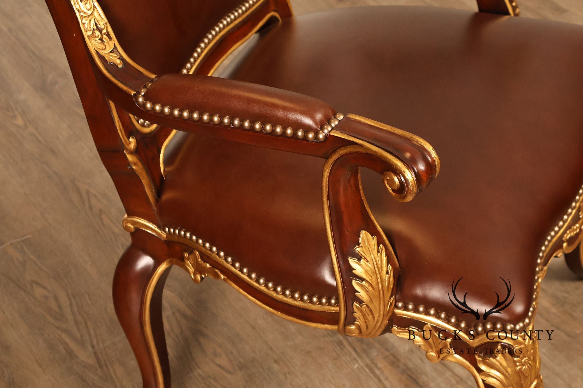 Scarborough House Pair Of French Rococo Style Gilt Mahogany Leather Upholstered Armchairs
