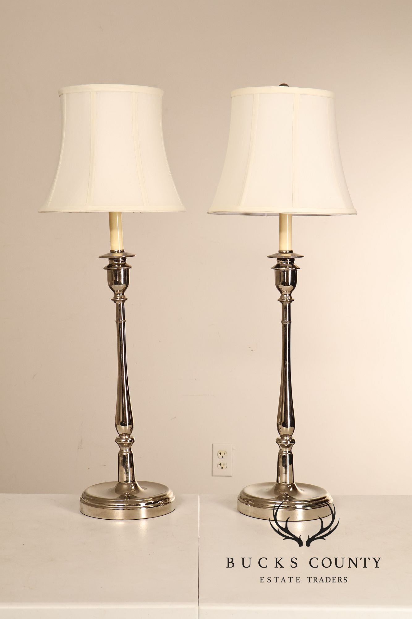 Ralph Lauren Pair of Chrome Candlestick Table Lamps