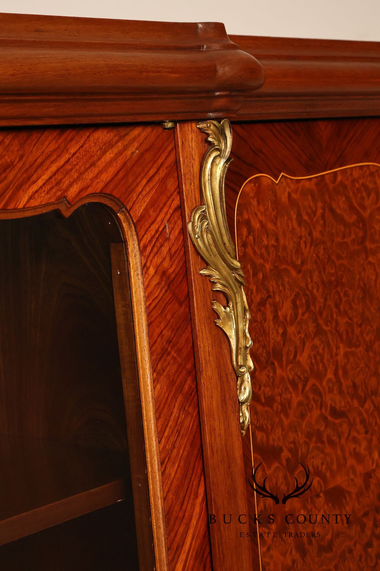 French Louis XV Style Burl Wood Three Door Bookcase Display Cabinet