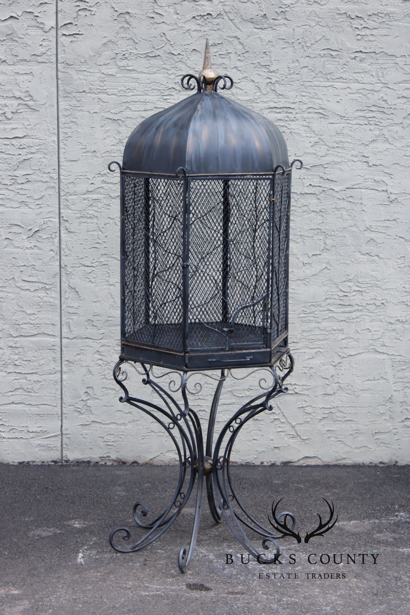 Vintage Wrought Iron Garden Bird Cage On Stand
