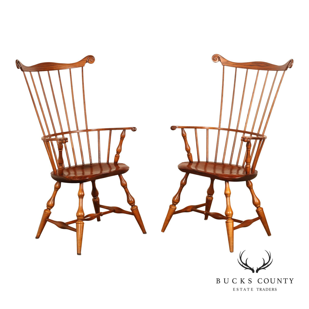 Nichols and Stone Pair of Oak Windsor Armchairs