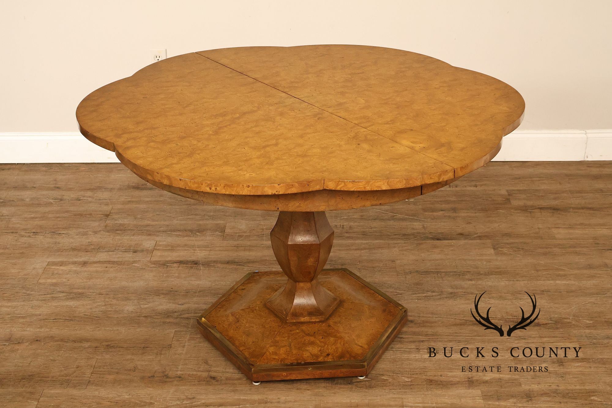 Mastercraft Hollywood Regency Burlwood Pedestal Expandable Dining Table