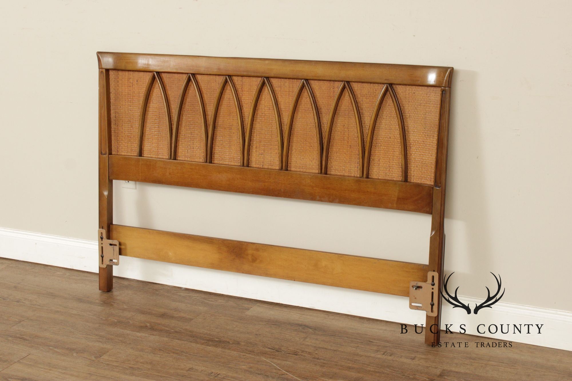 Mid Century Modern Walnut and Rattan Full-Size Headboard