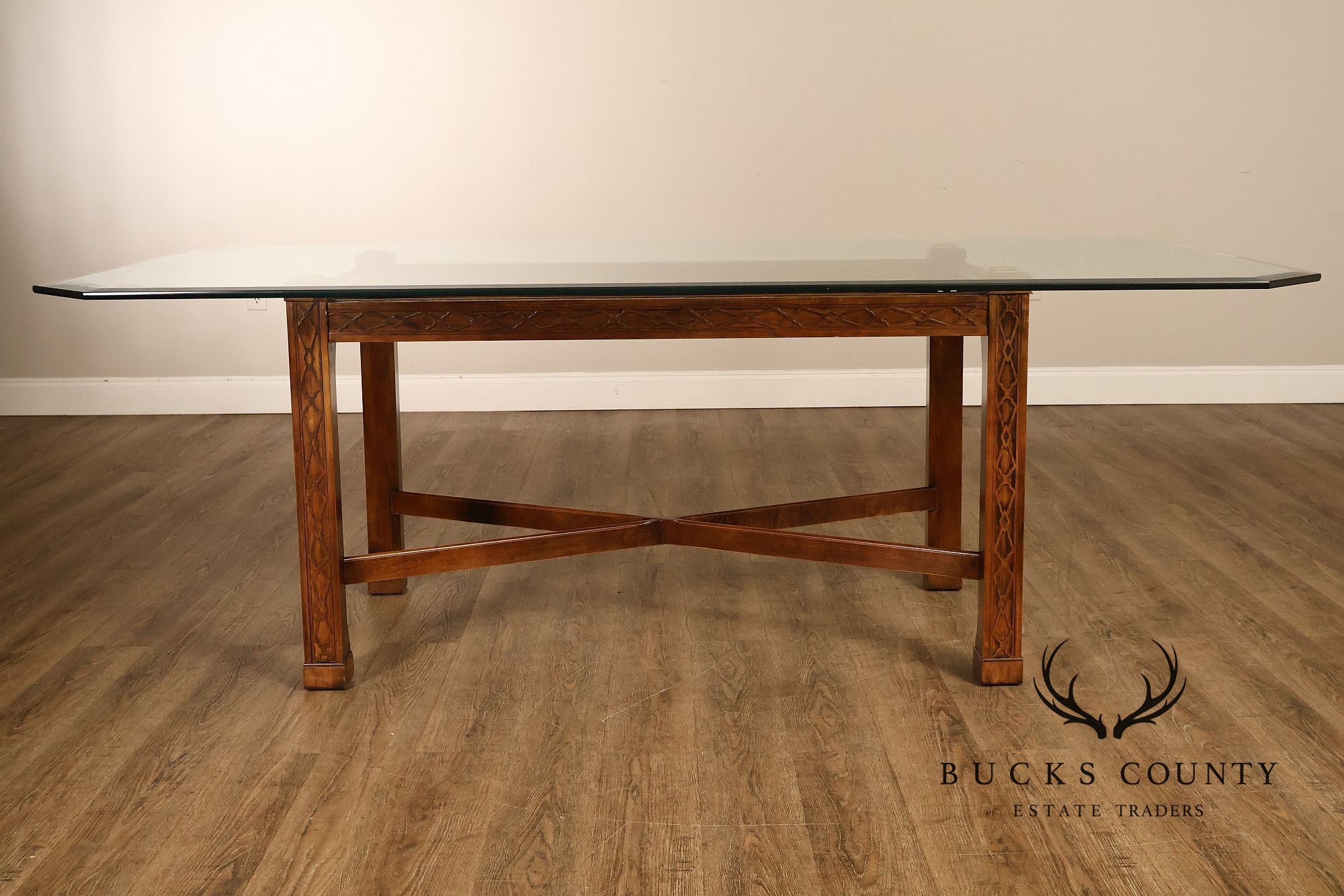 Chinese Chippendale Style Glass Top Mahogany Dining Table