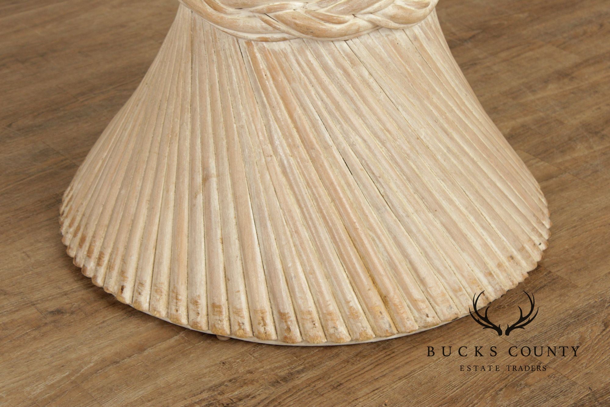 Hollywood Regency Rattan Wheat Sheaf Round Glass Top Pedestal Dining Table