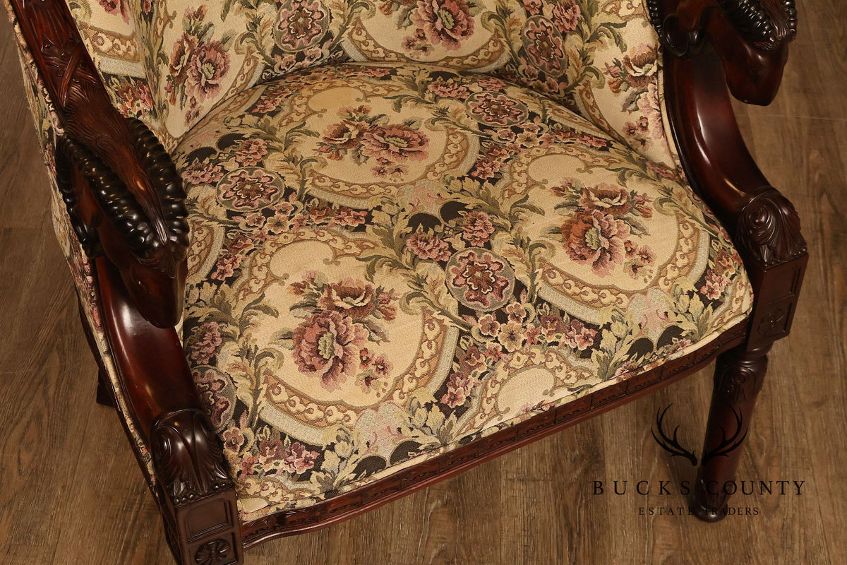 Pair Of Carved Mahogany Ram’s Head Upholstered Armchairs