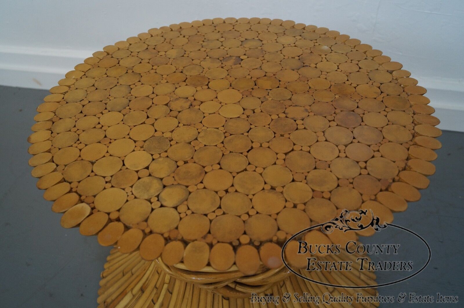 McGuire Sheaf of Wheat Bamboo Rattan Round Glass Top Coffee Table