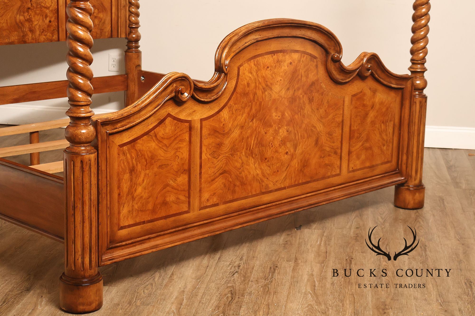 Drexel Heritage Venetian Collection Bookmatched Burl Wood King Four Poster Bed
