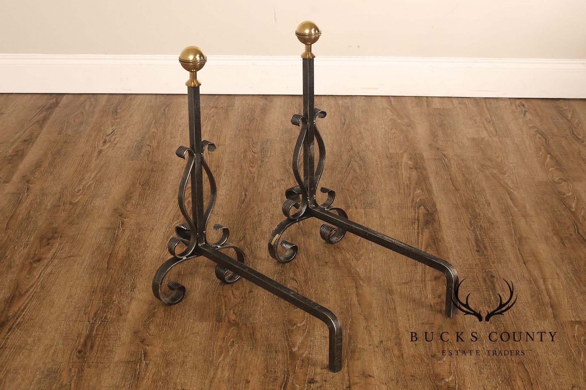 Pair of Italian Wrought Iron And Brass Fireplace Andirons