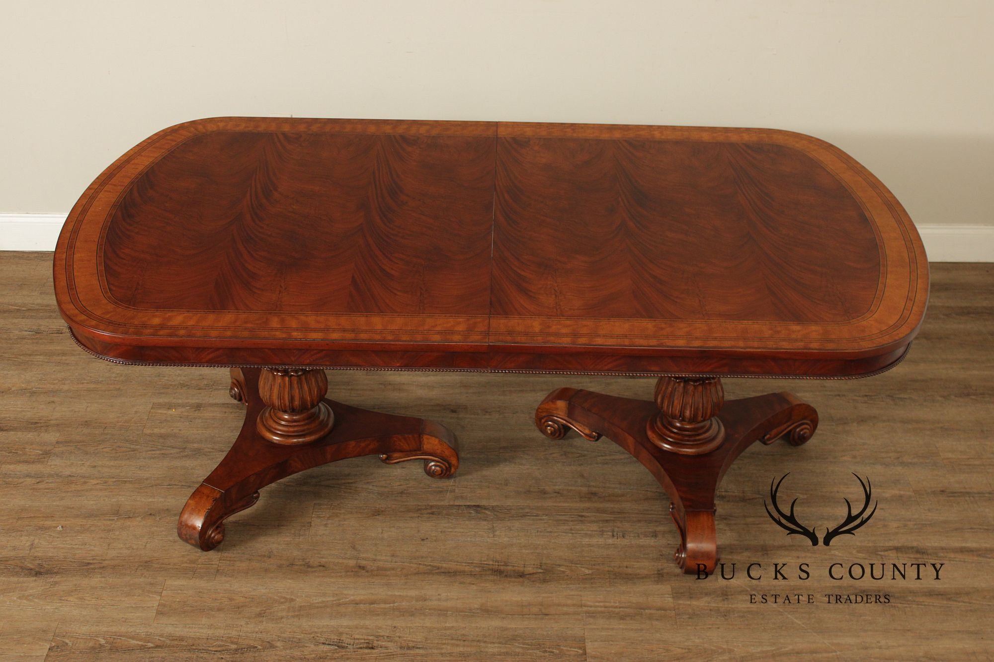 Regency Style Quality Banded Mahogany Double Pedestal Dining Table With 2 Leaves