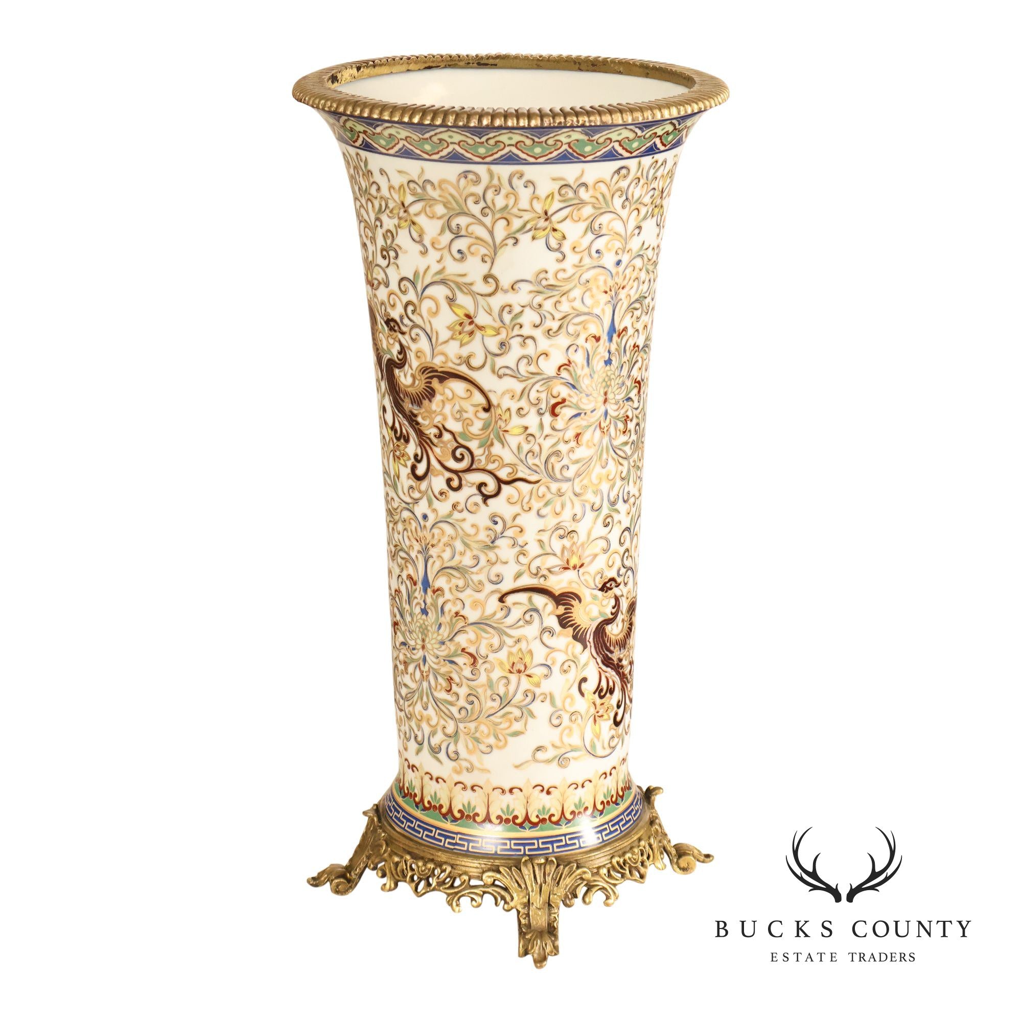 Hand Painted Porcelain Decorative Vase with Gilded Metal Base and Cap