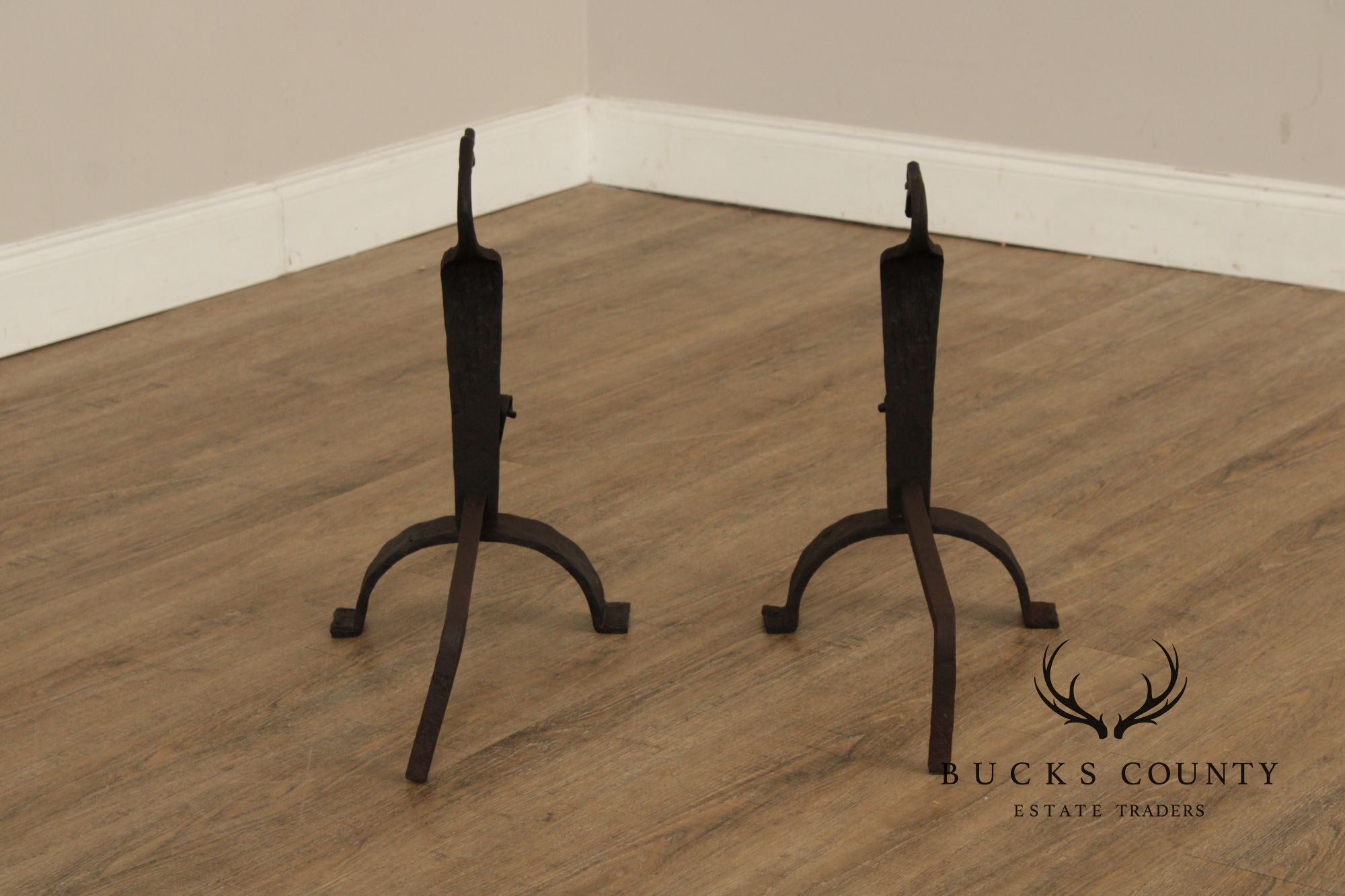 Arts & Crafts Pair of Wrought Iron Duck Fireplace Andirons