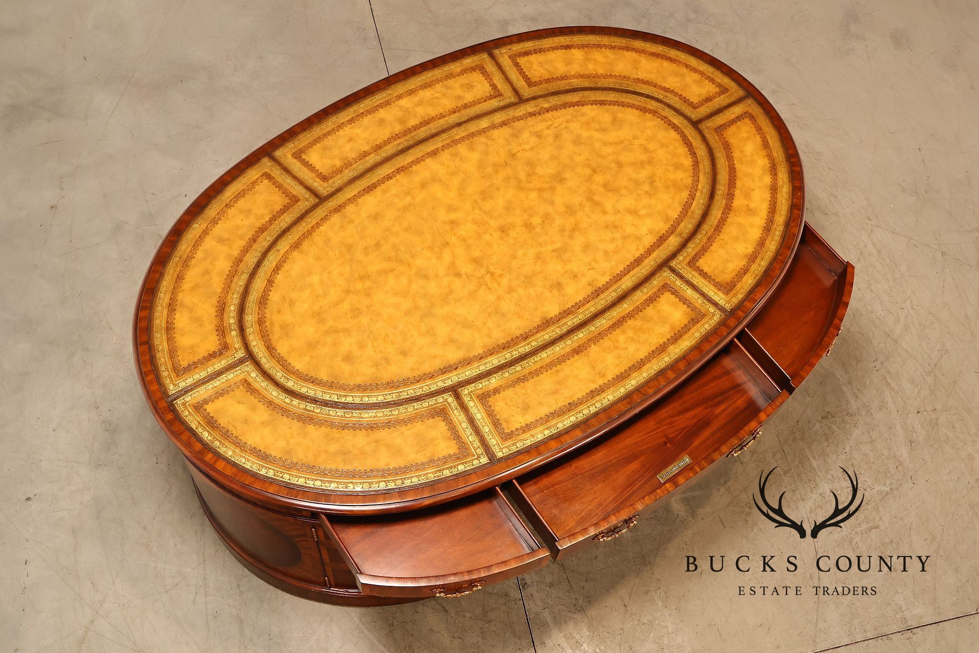 Maitland Smith Oval Mahogany Leather Top Executive Partner's Desk