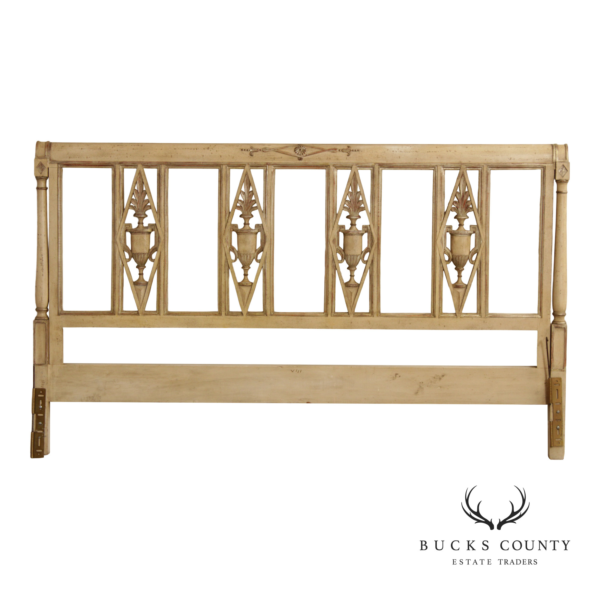 French Neoclassical Directoire Style Distress Painted King Headboard