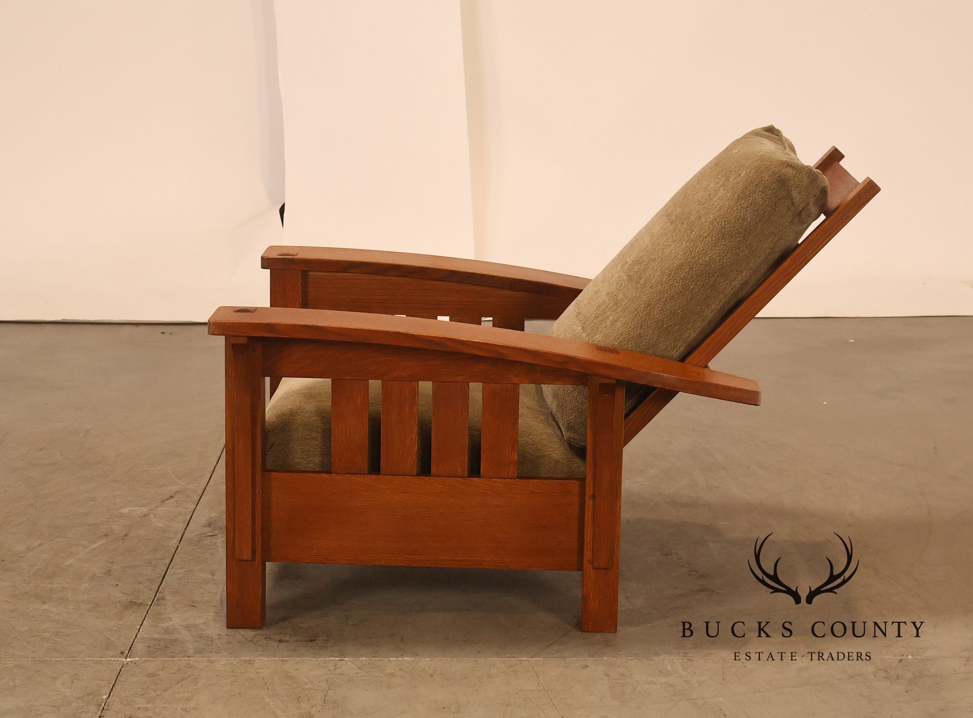 Stickley Mission Collection Oak And Custom Upholstery Bow Arm Morris Chair