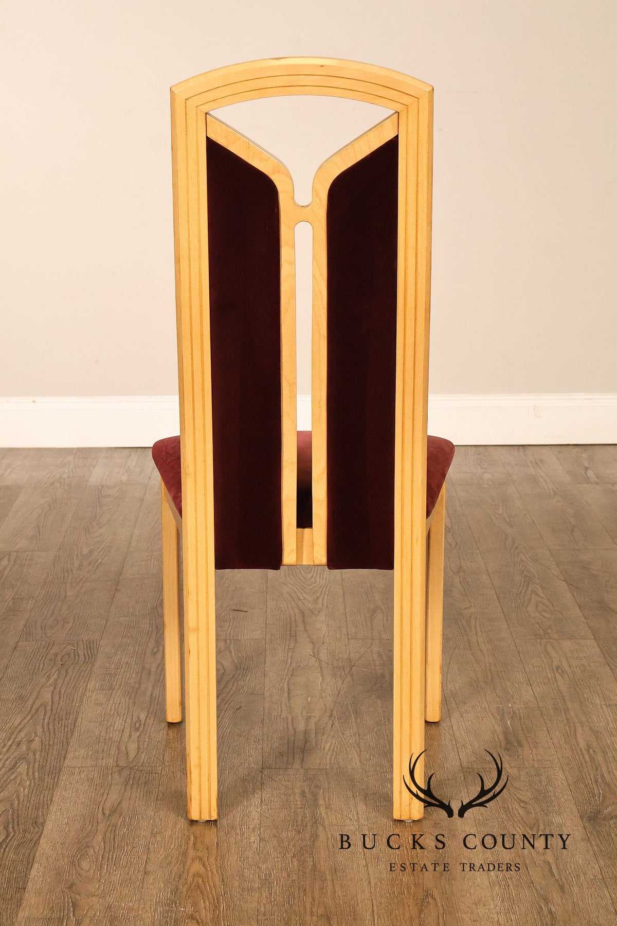 Tonon Set Of Eight Italian Light Wood Modern Dining Chairs With Burgundy Upholstery