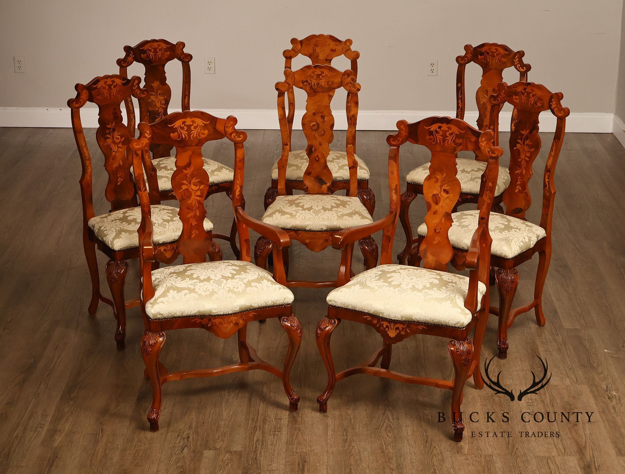 Italian Baroque Style Set of Eight Inlaid Olive Wood Dining Chairs