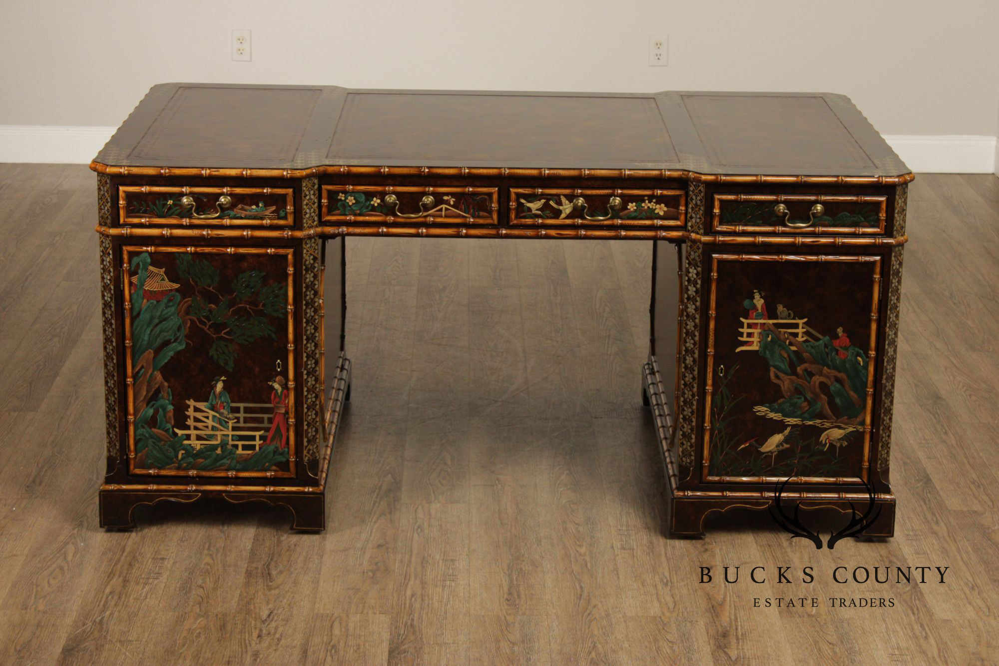 John Widdicomb Chinoiserie Leather Top Executive Partner's Desk
