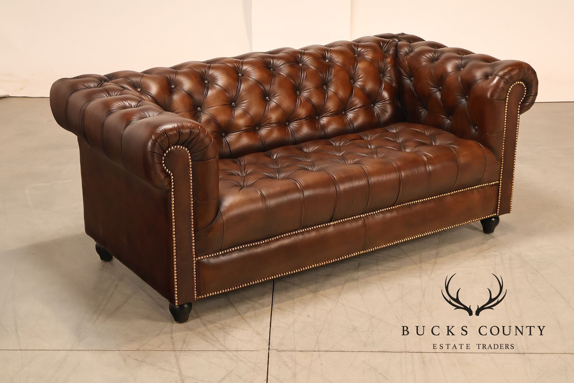 Chesterfield Style 6 Foot Cognac Brown Tufted Leather Sofa