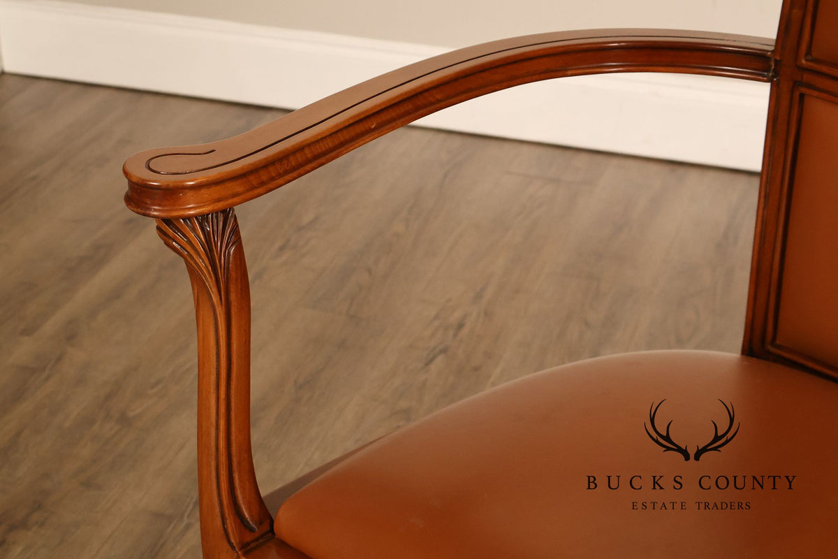Antique Art Nouveau Carved Wood And Leather Armchair