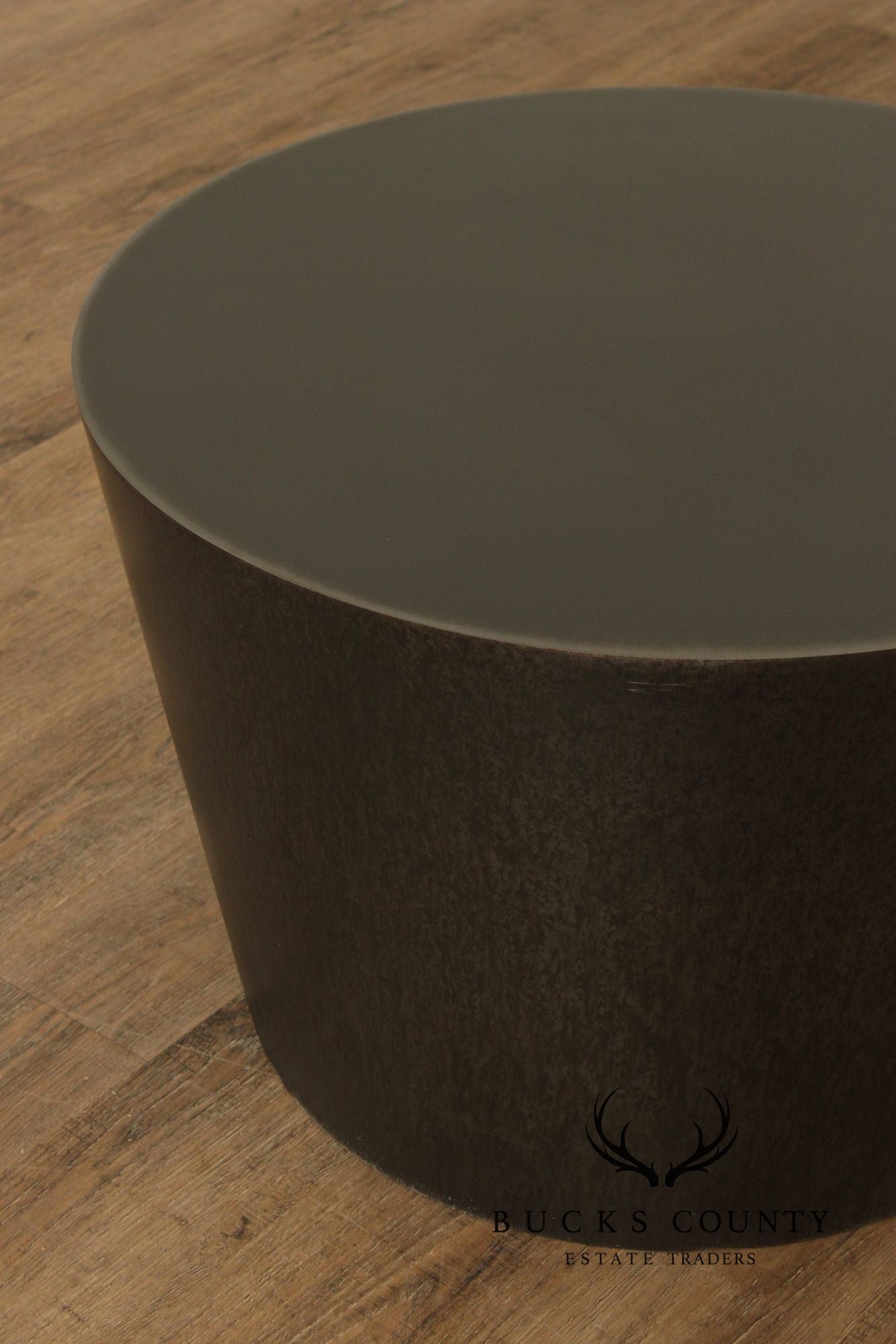 Modern Pair of Patinated Steel Round Drum Side Tables