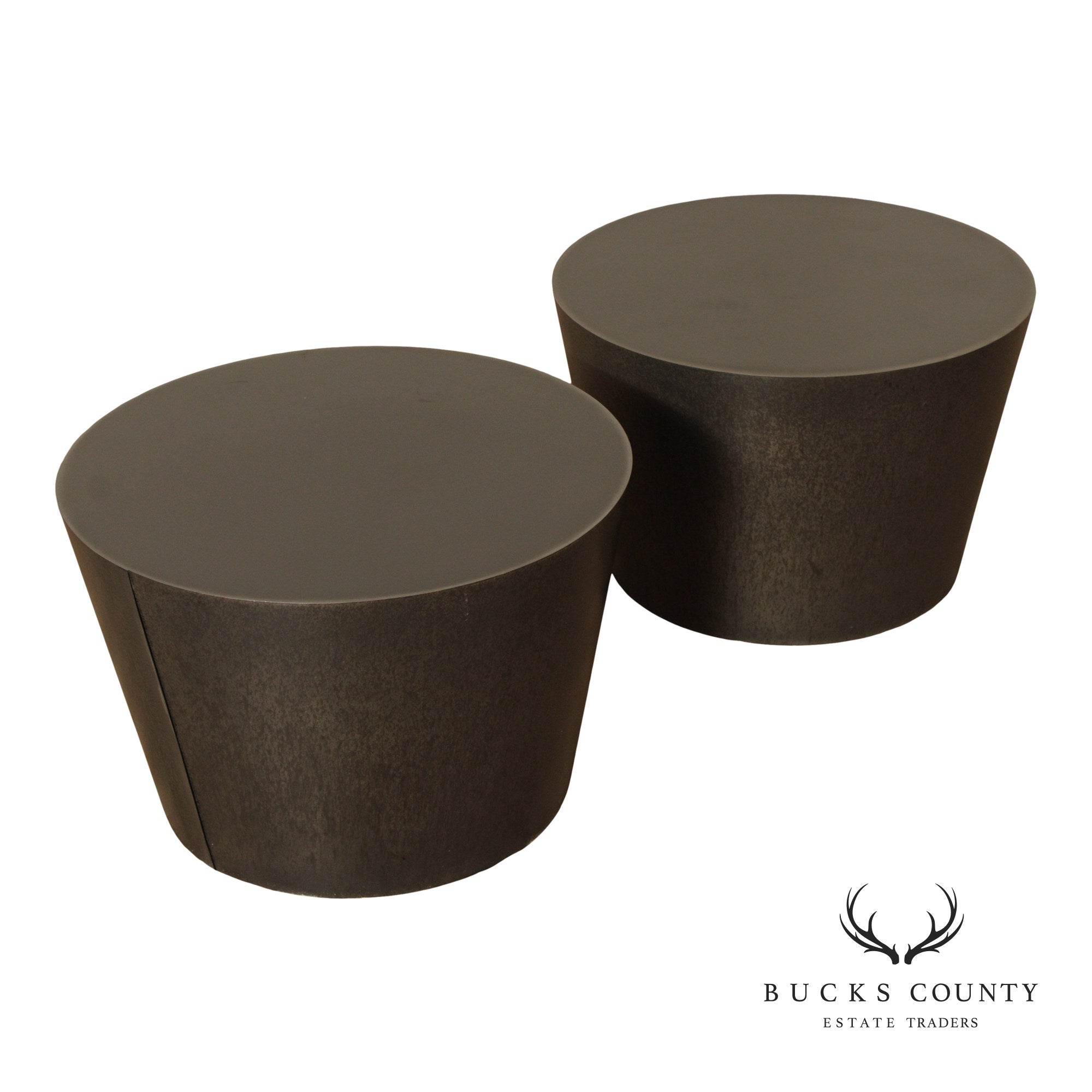 Modern Pair of Patinated Steel Round Drum Side Tables