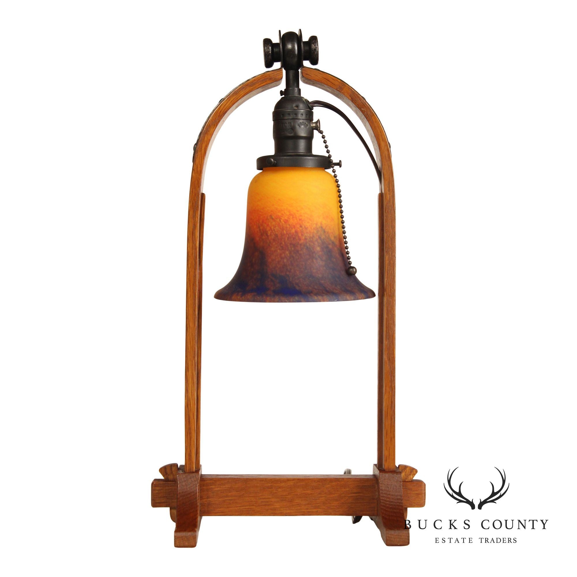 Stickley Mission Collection Oak Table Lamp With Art Glass Shade