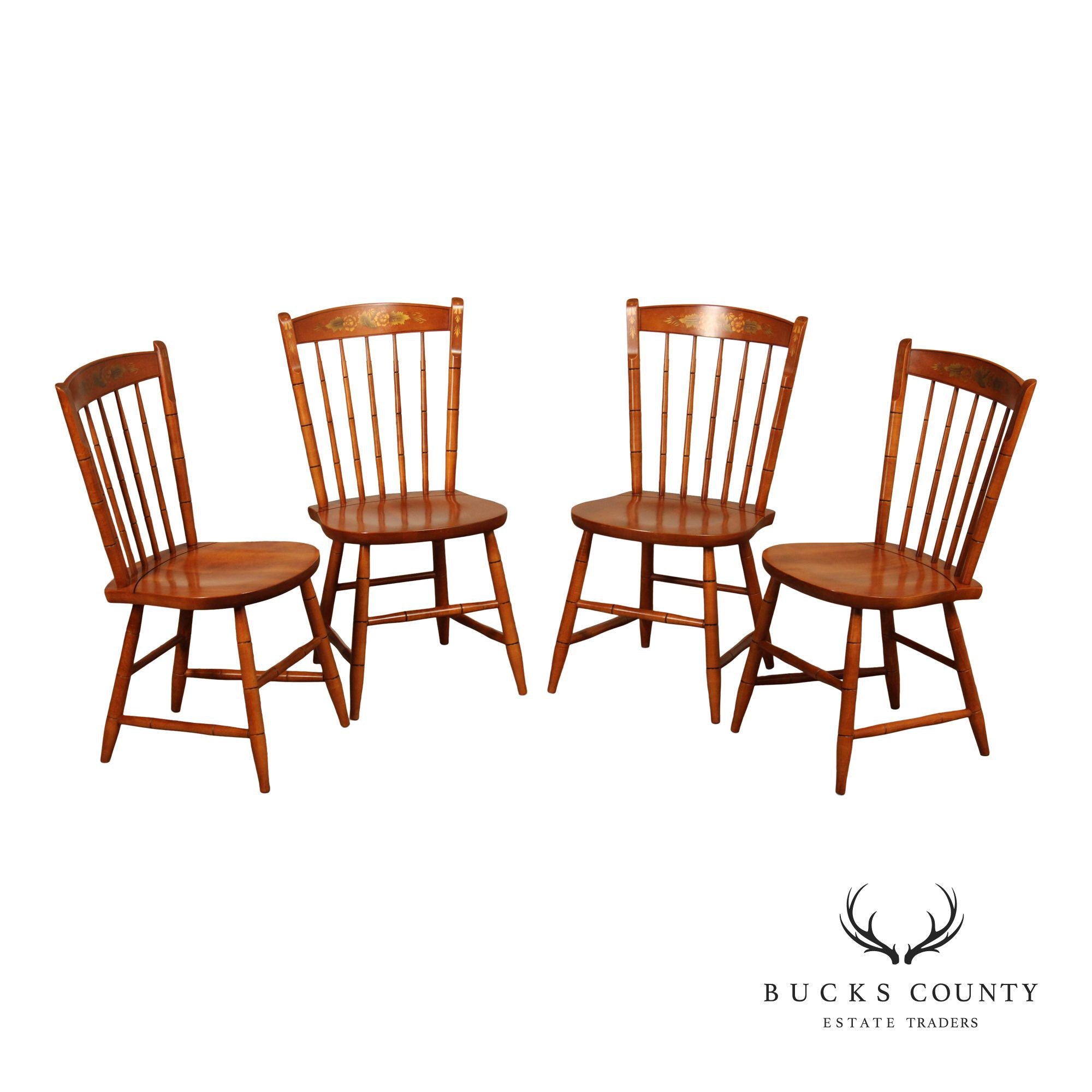 L. Hitchcock Set Of Four Stenciled Spindle Back Dining Chairs