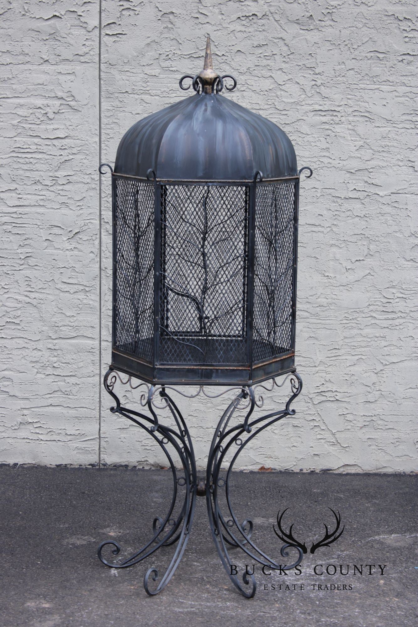 Vintage Wrought Iron Garden Bird Cage On Stand