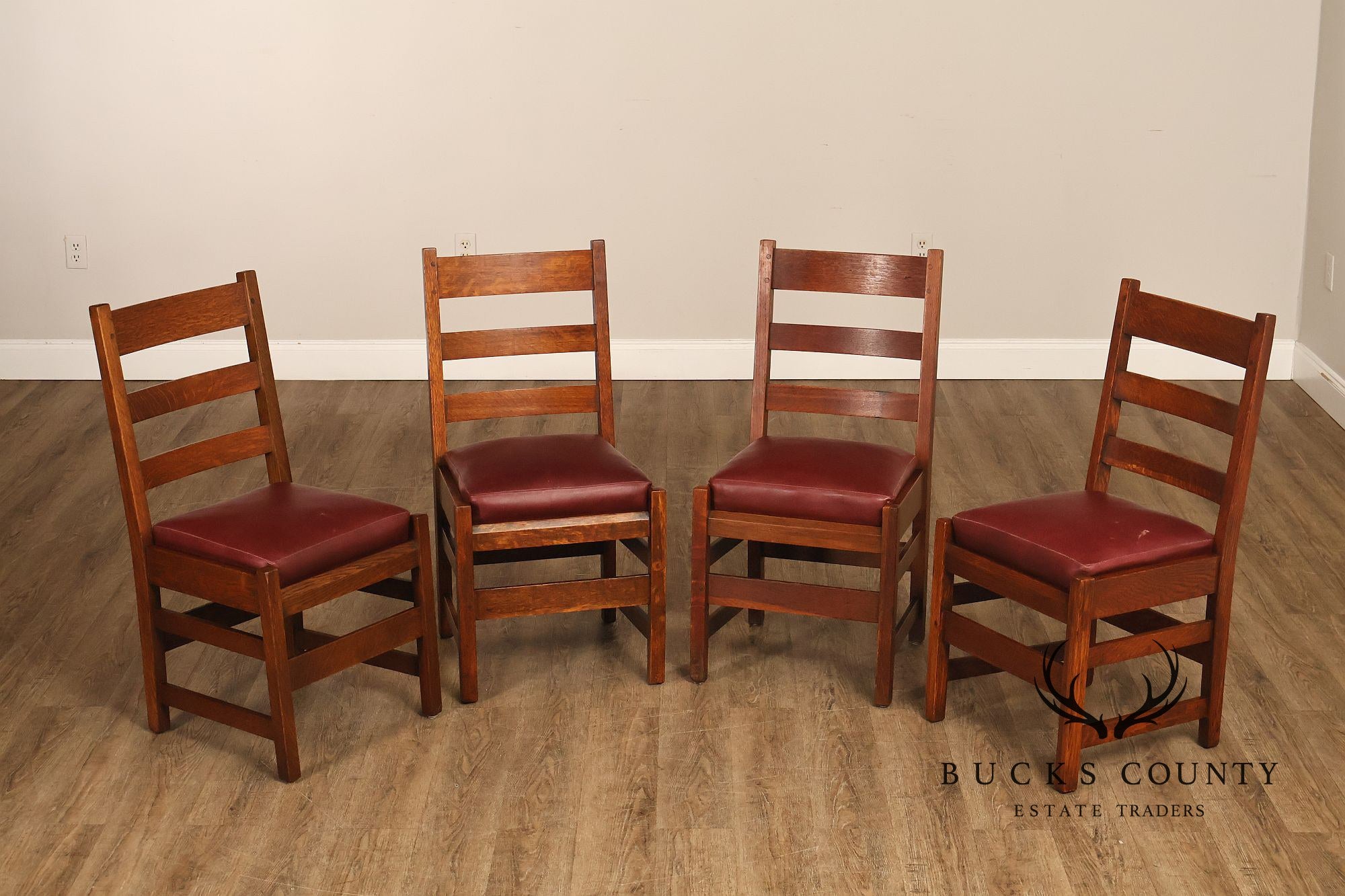 Antique L. & J. G. Stickley Set Of Four Oak Ladder Back Dining Chairs #800