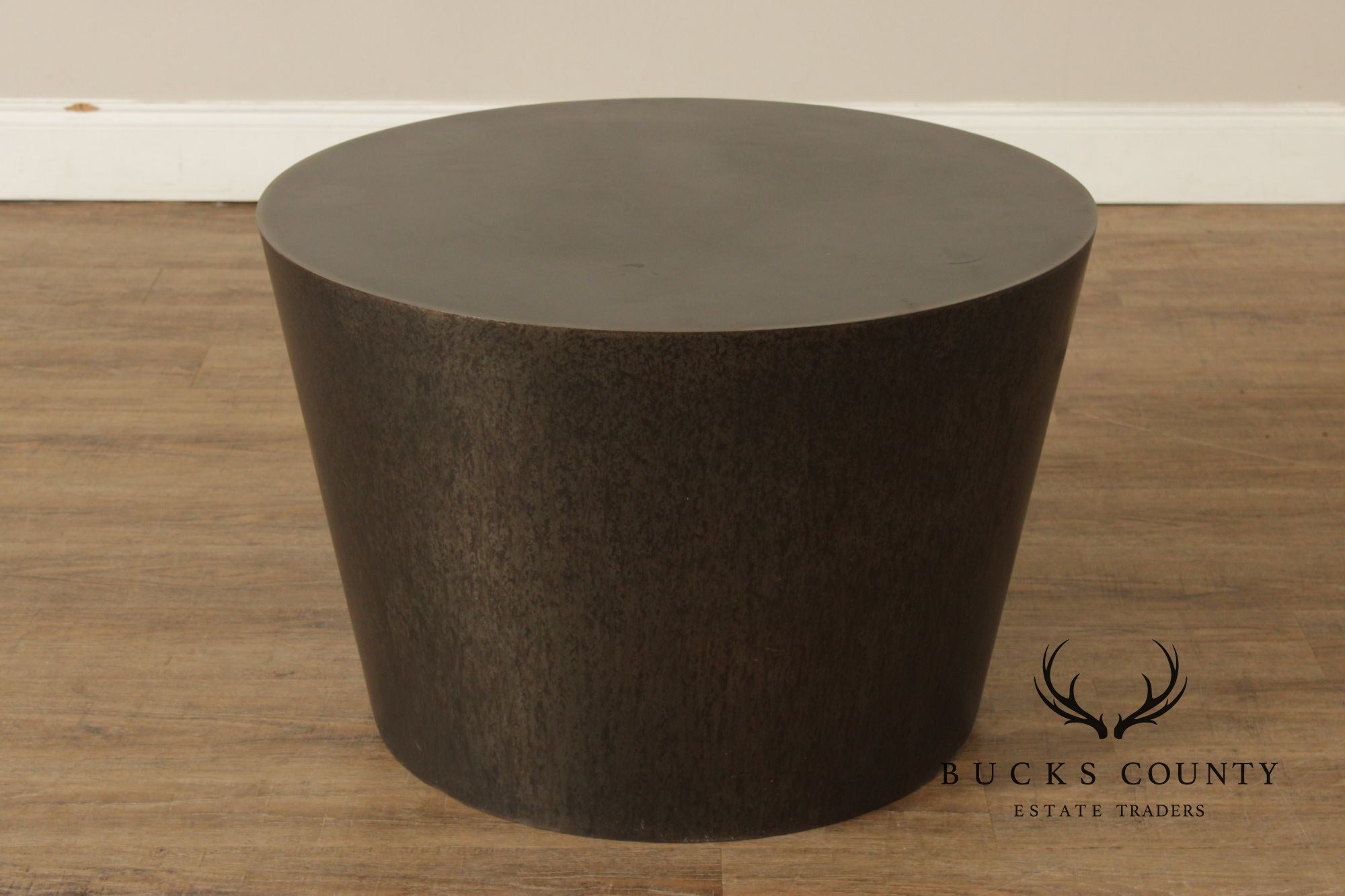Modern Pair of Patinated Steel Round Drum Side Tables