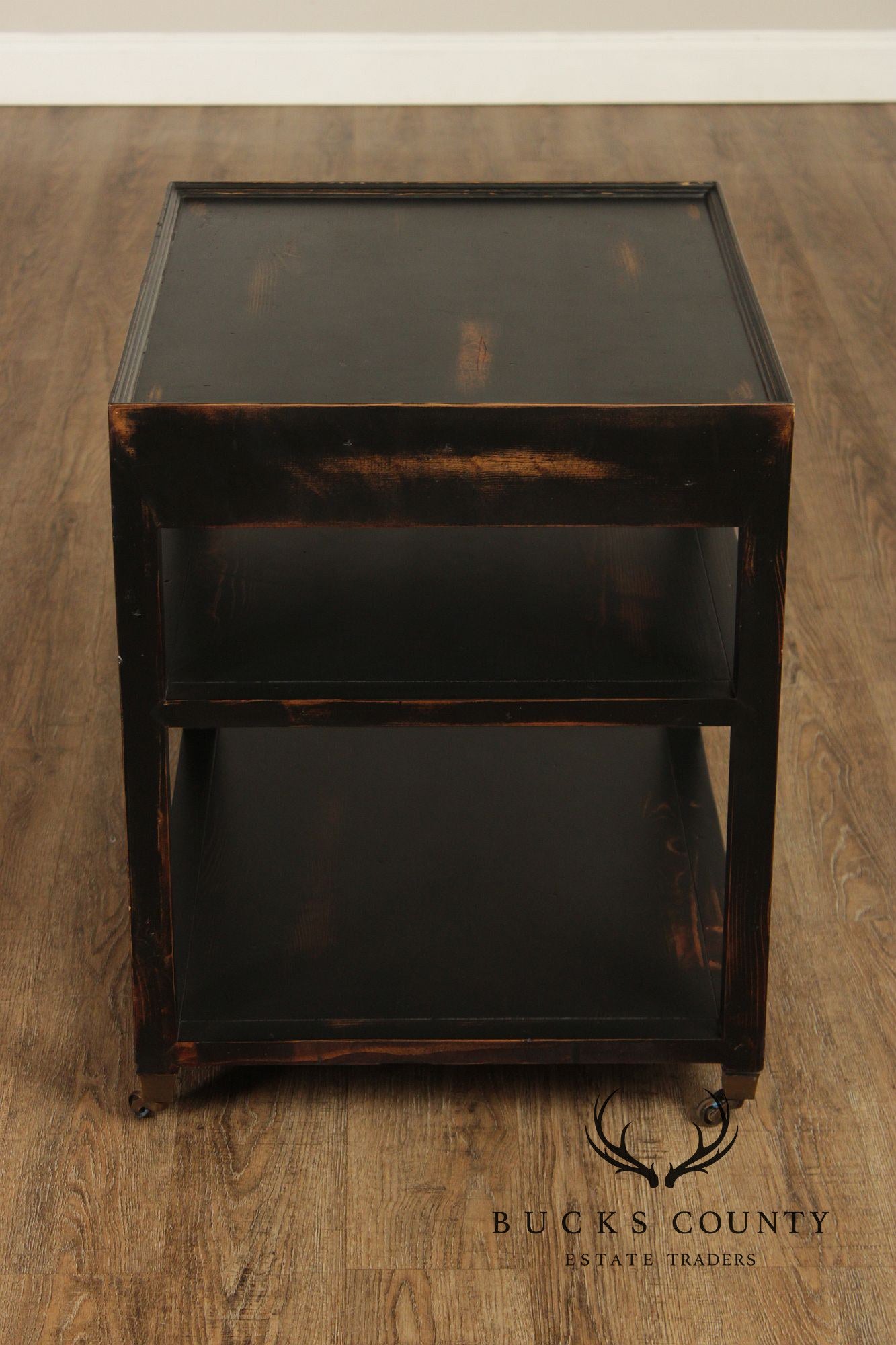 Industrial Style Pair of Ebonized Rolling End Tables