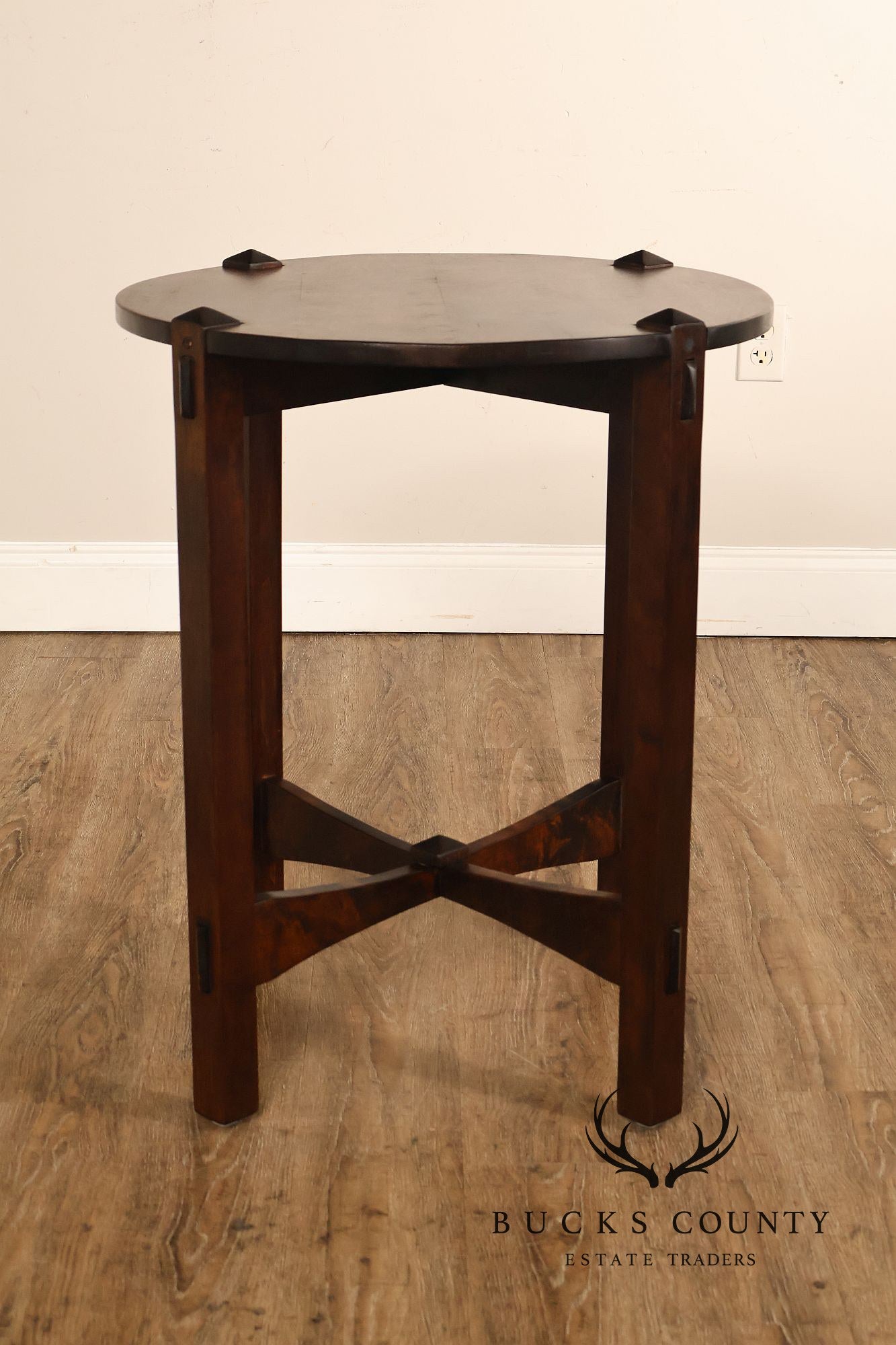 Studio Arts And Crafts Style Round Accent Table With Burl Wood Top