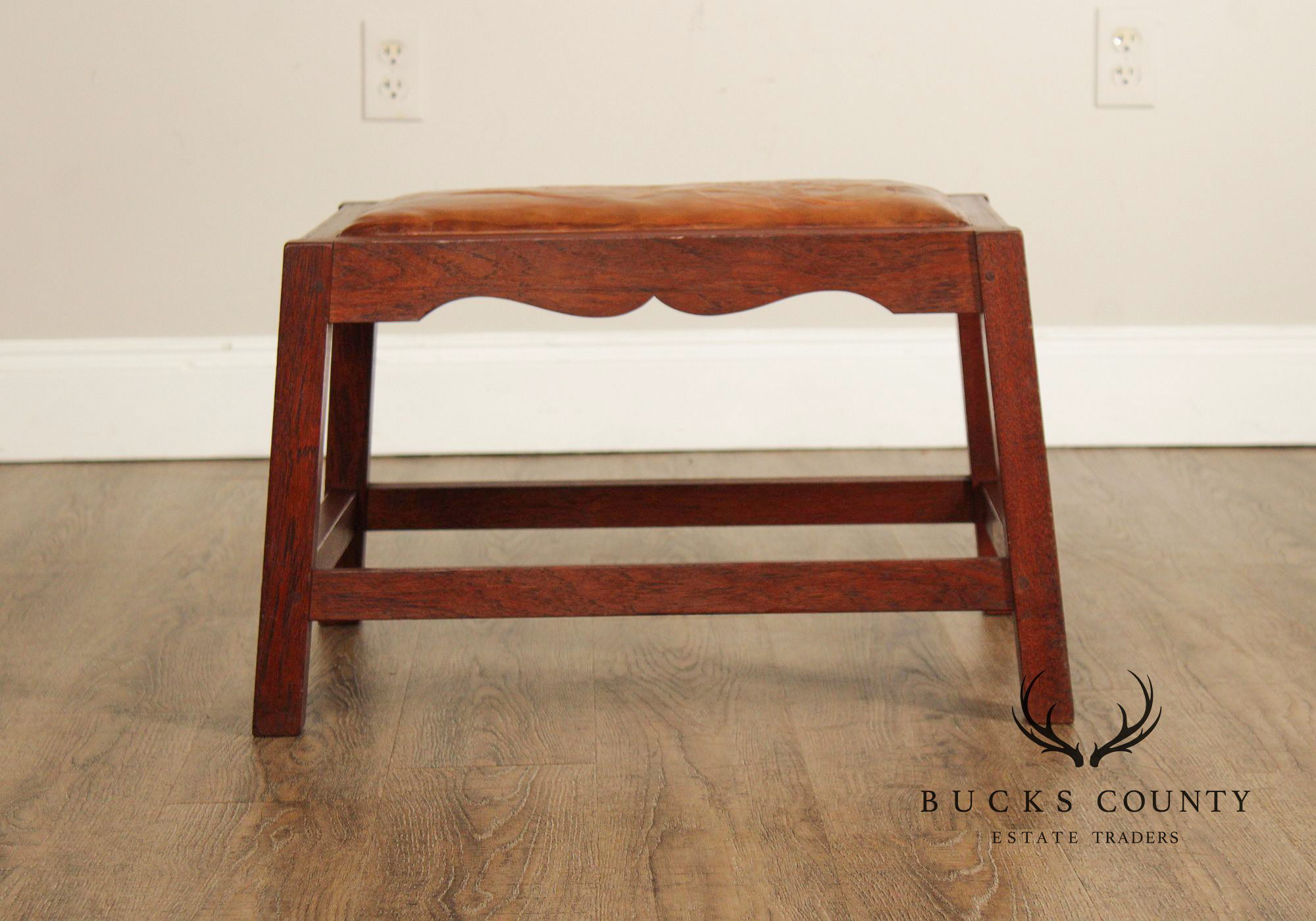 Arts & Crafts Leather Seat Oak Stool