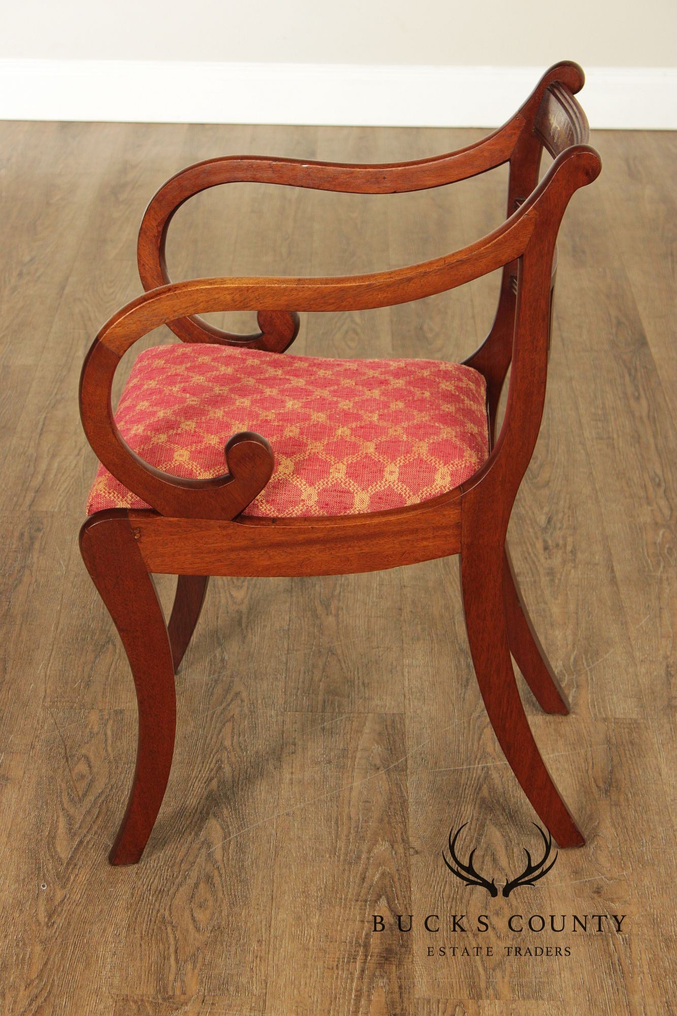Antique English Regency Style Pair of Rosewood Brass Inlaid Armchairs