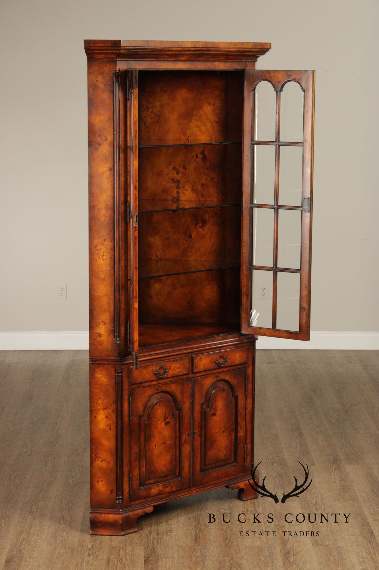 Theodore Alexander Georgian Style Burlwood Corner Cabinet