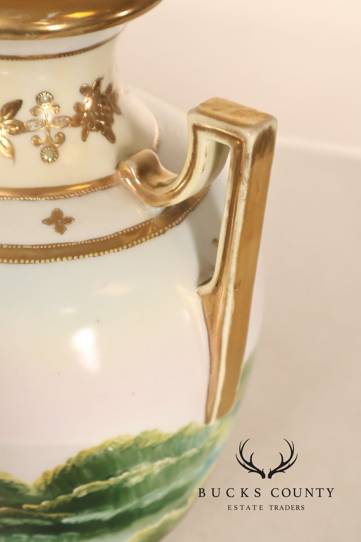 Antique Hand Painted Nippon Porcelain Twin Handle Landscape Urn With Gilt Decoration