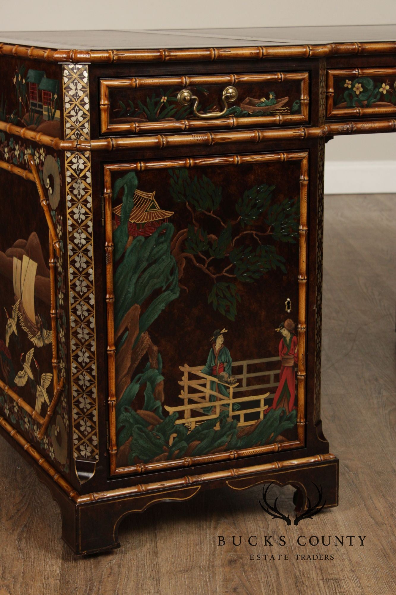 John Widdicomb Chinoiserie Leather Top Executive Partner's Desk