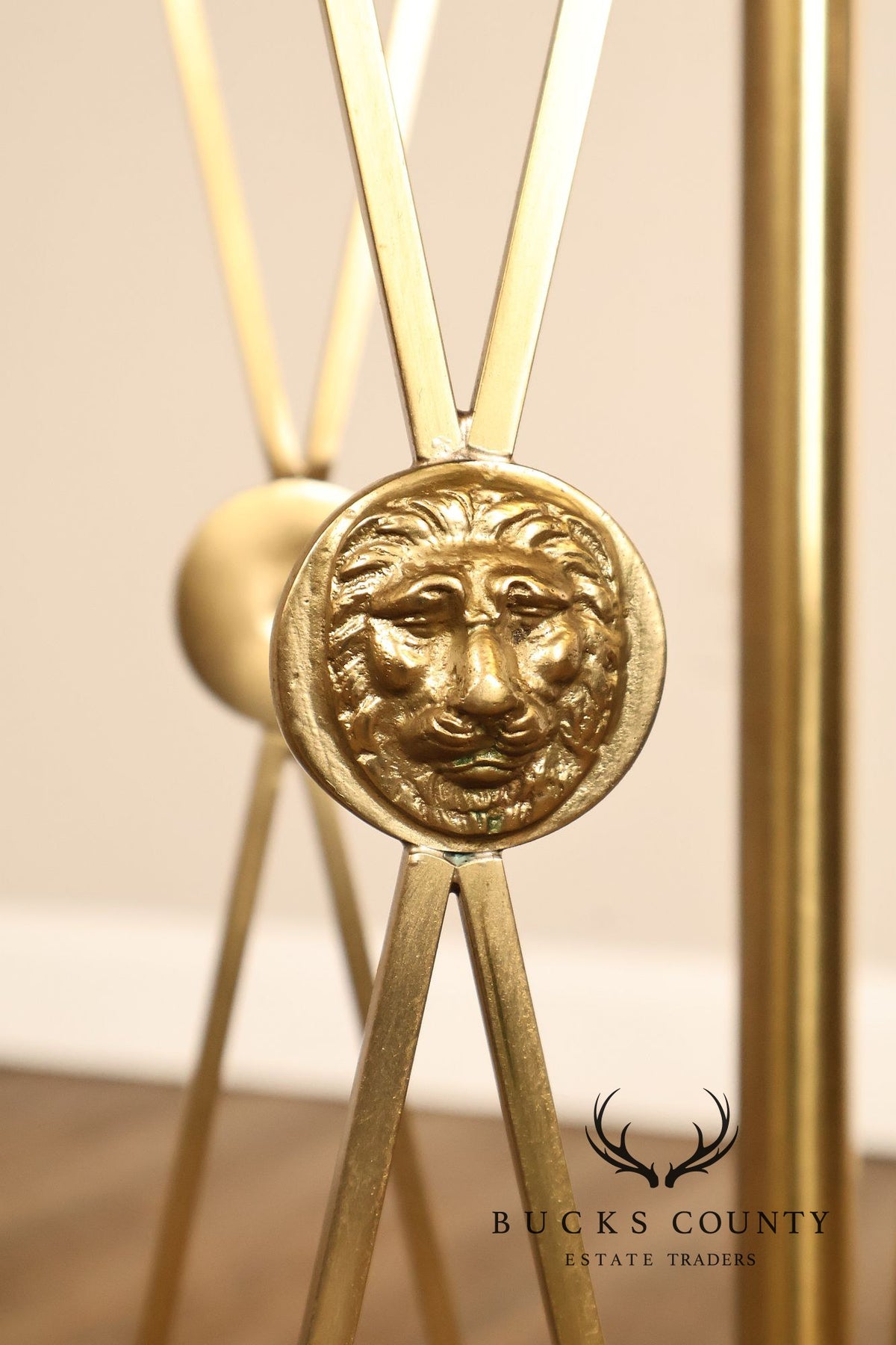 Vintage Neoclassical Style Heavy Brass Pedestal Plant Stand With Lion Medallions