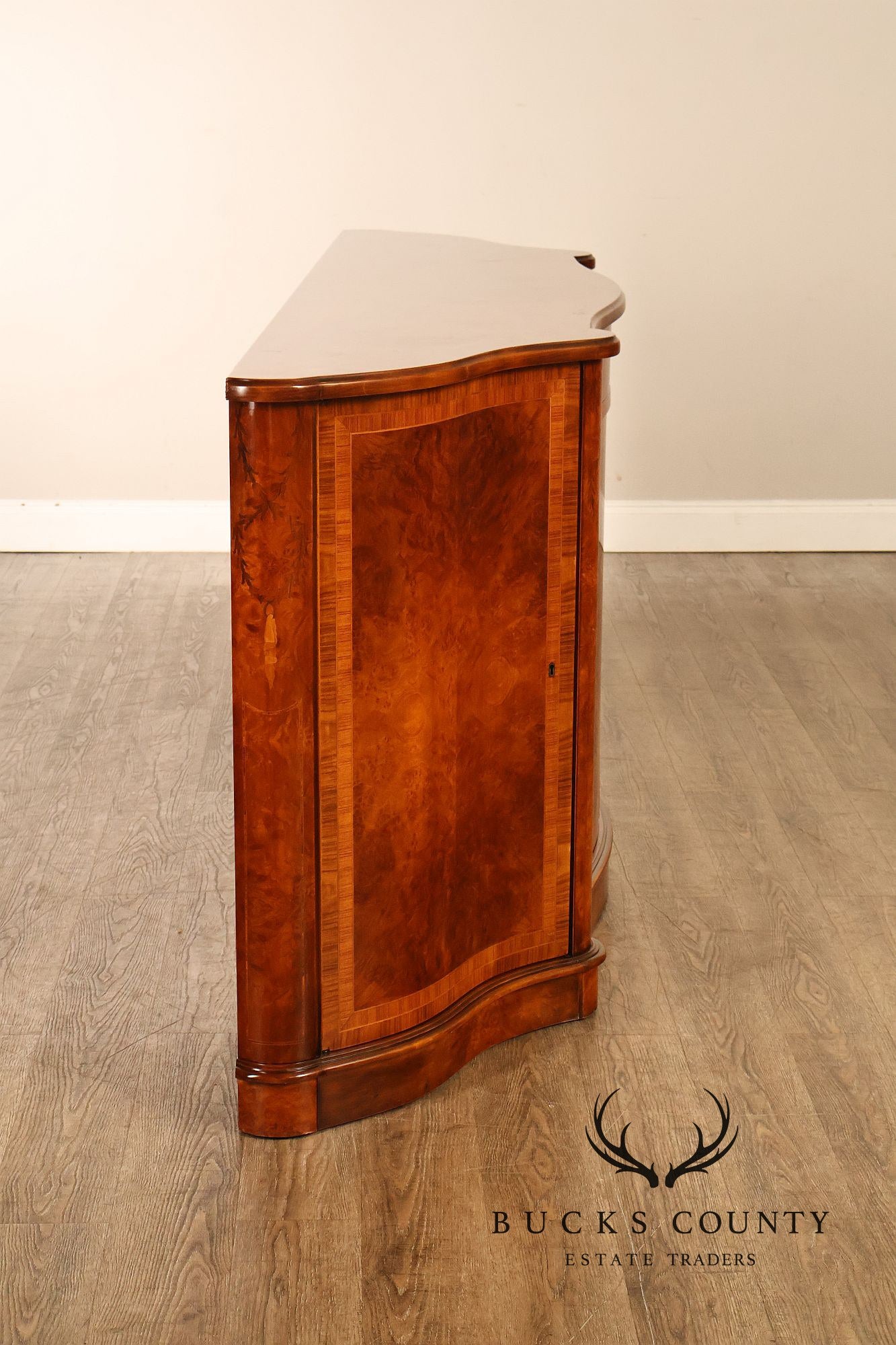 Italian Neoclassical Style Burl Wood Marquetry Inlaid Serpentine Sideboard
