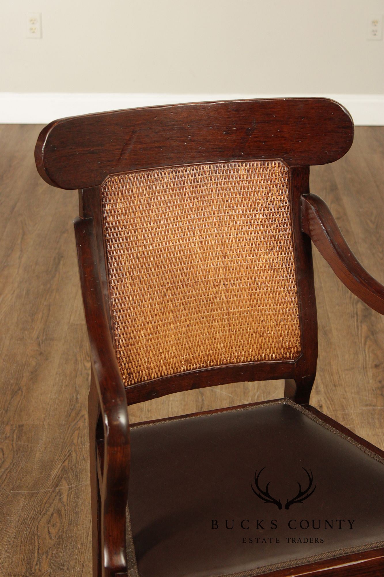 Vintage Anglo-Indian Style Pair of Caned Back Leather Seat Armchairs