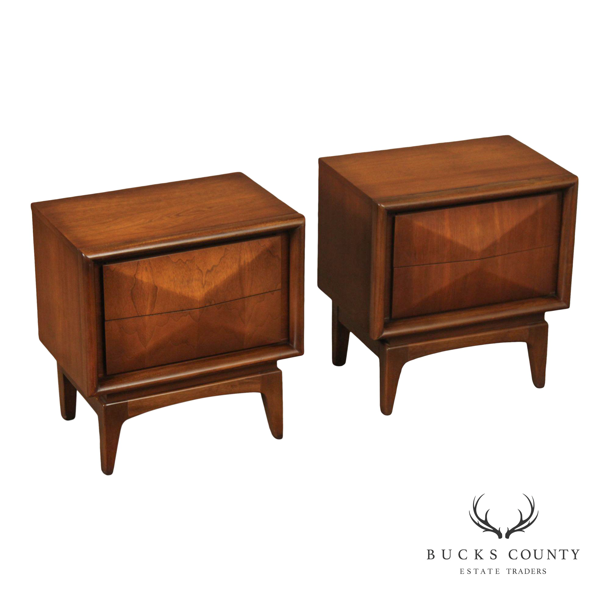 United Furniture Mid Century Modern Pair of Walnut Diamond Front Nightstands