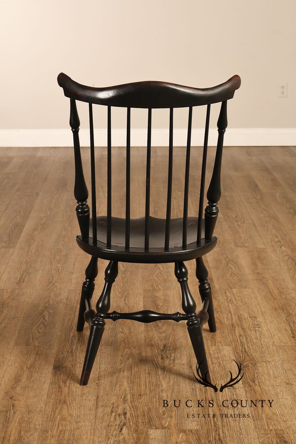 Custom Set Of Four Black Over Red Painted Fan Back Windsor Dining Chairs