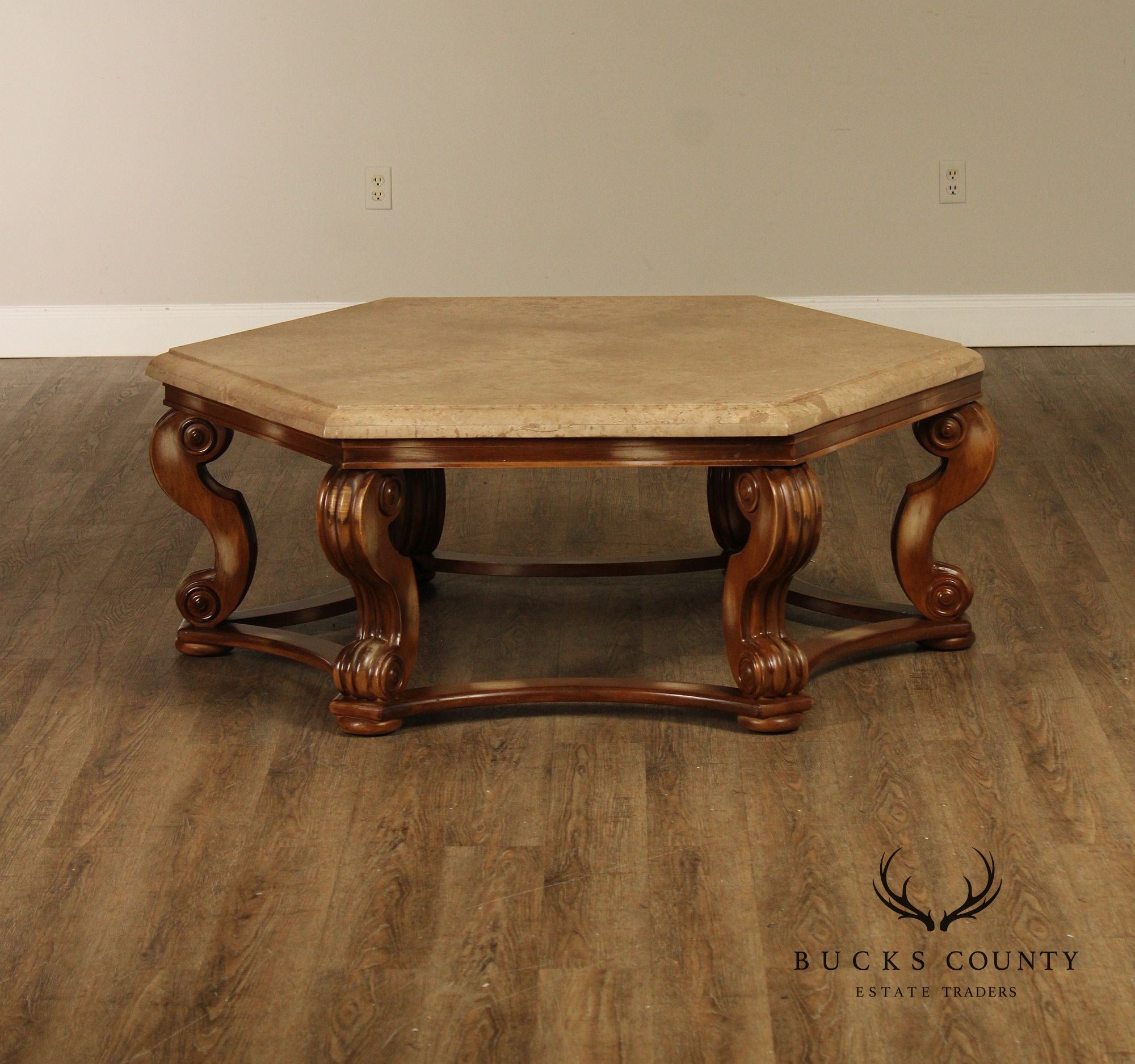 Century Furniture Tuscan Style Large Travertine Top Hexagonal Coffee Table