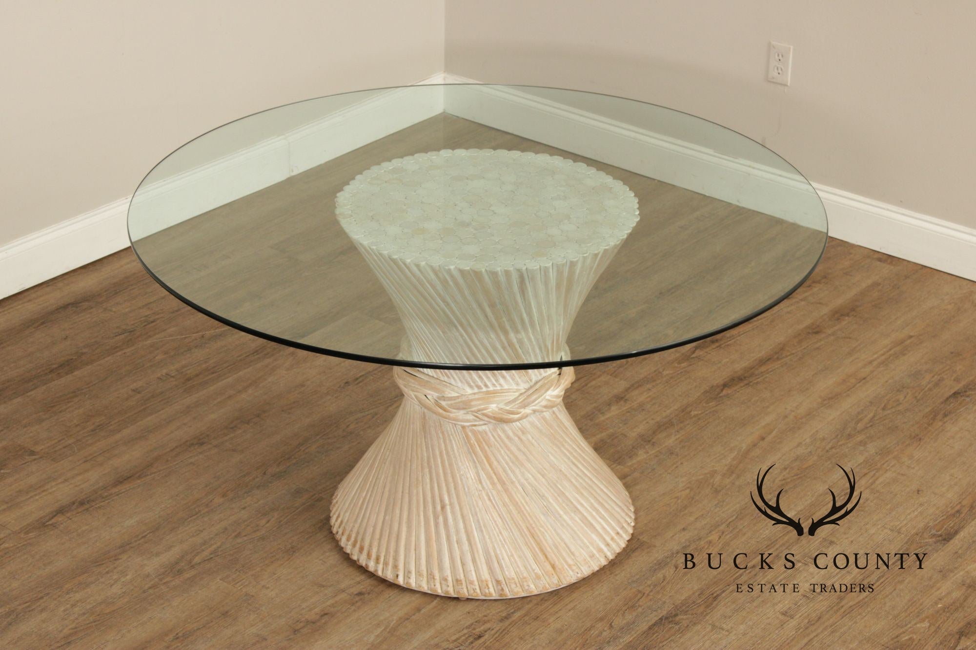 Hollywood Regency Rattan Wheat Sheaf Round Glass Top Pedestal Dining Table