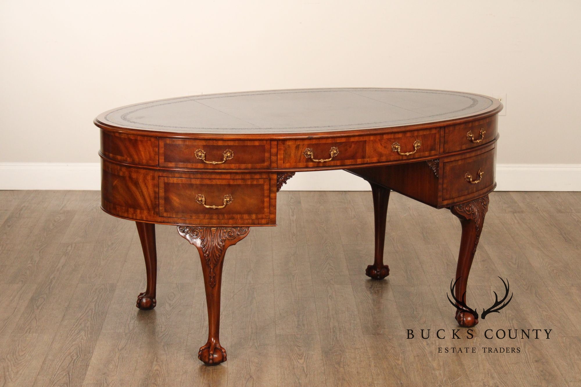 Maitland Smith Georgian Style Leather Top Mahogany Oval Desk