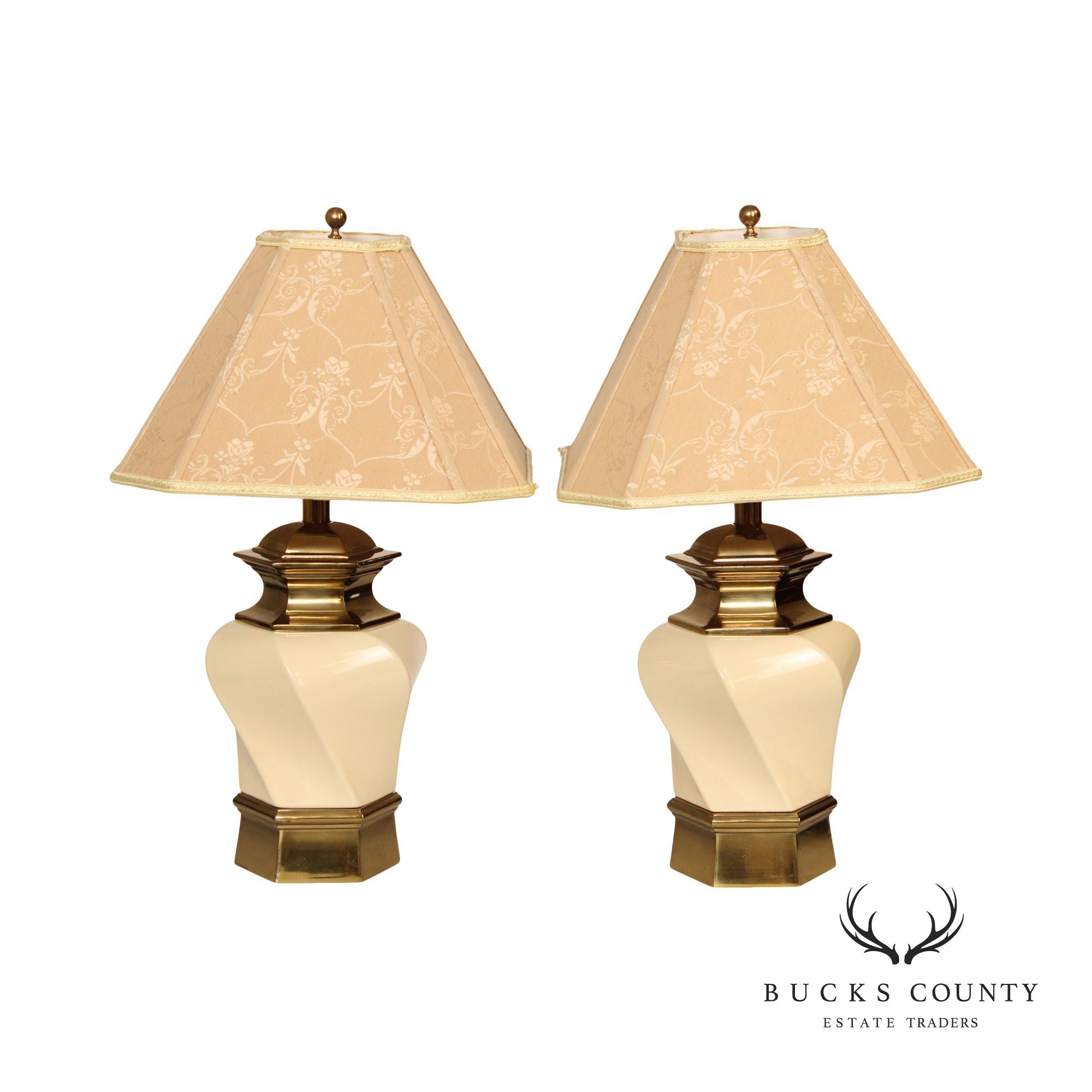STIFFEL BRASS AND CERAMIC PAIR OF VINTAGE HEXAGONAL TABLE LAMPS