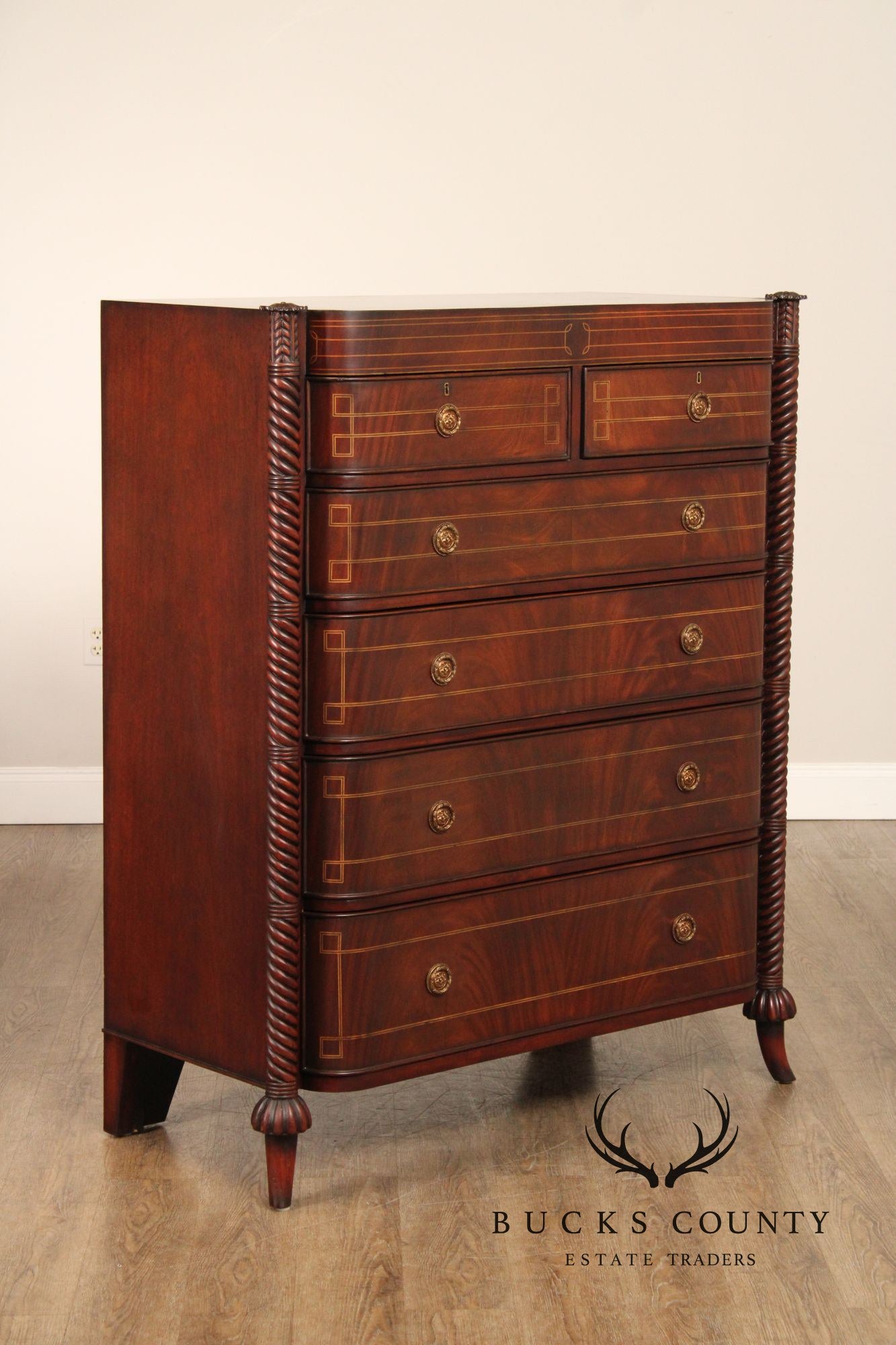 Edwardian Style Custom Mahogany Inlaid High Chest Of Drawers