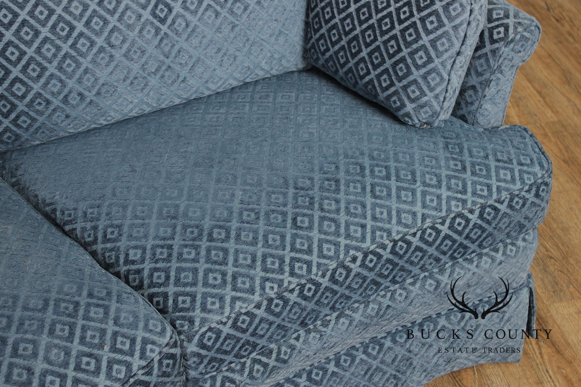 Custom Upholstered Blue Diamond Pattern Curved Loveseat