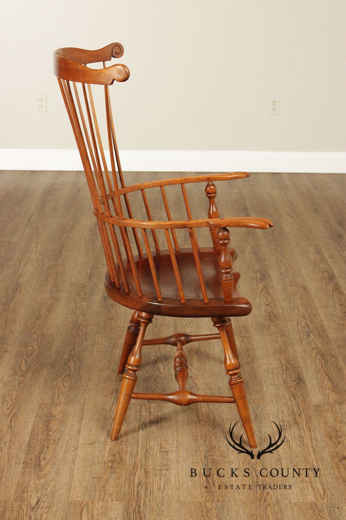 Quality Vintage Pair of Mixed Woods Windsor Armchairs